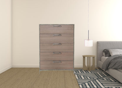 35" Brown Oak And Grey Solid And Manufactured Wood Five Drawer Chest