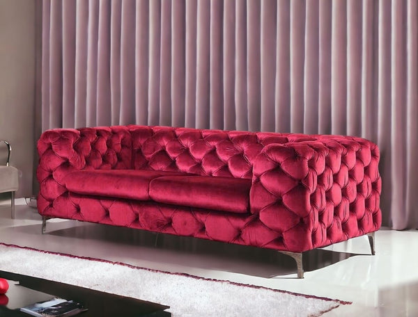 75 Red And Silver Velvet Loveseat