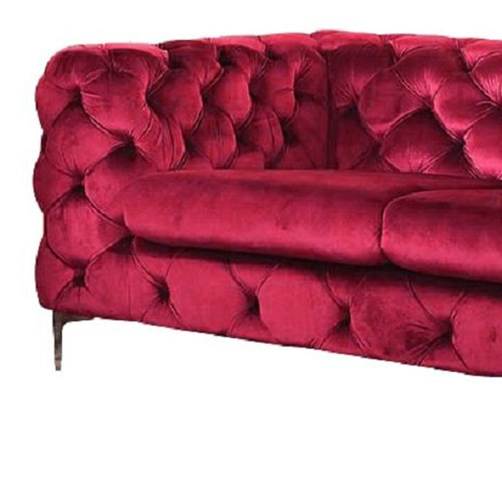 75" Red And Silver Velvet Loveseat