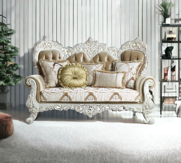 78 Brown And White Loveseat and Toss Pillows