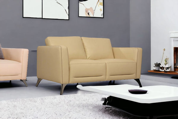 59 Cream And Silver Leather Loveseat