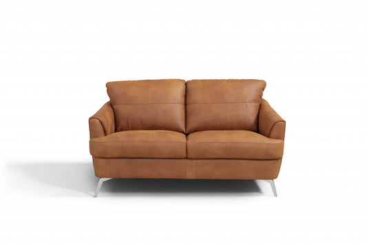 59" Camel And Silver Leather Loveseat