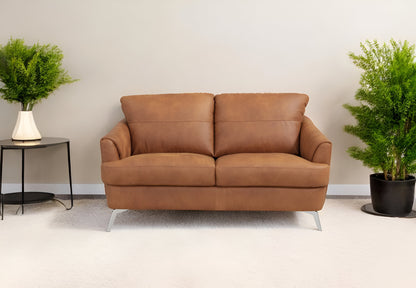 59" Camel And Silver Leather Loveseat