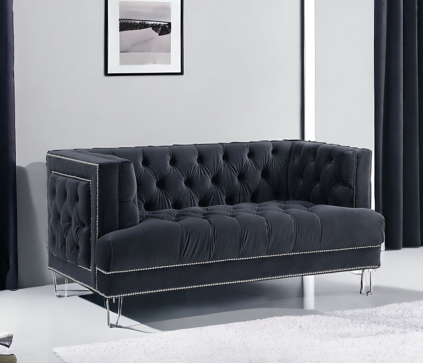 64" Charcoal And Silver Velvet Loveseat