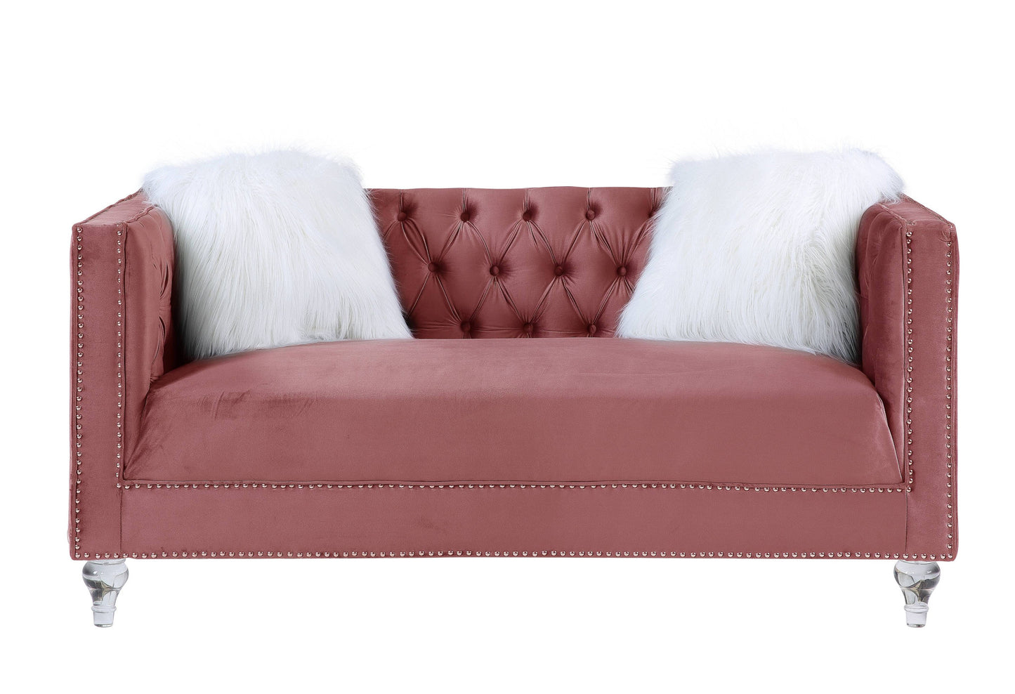 65" Pink And Silver Velvet Loveseat and Toss Pillows