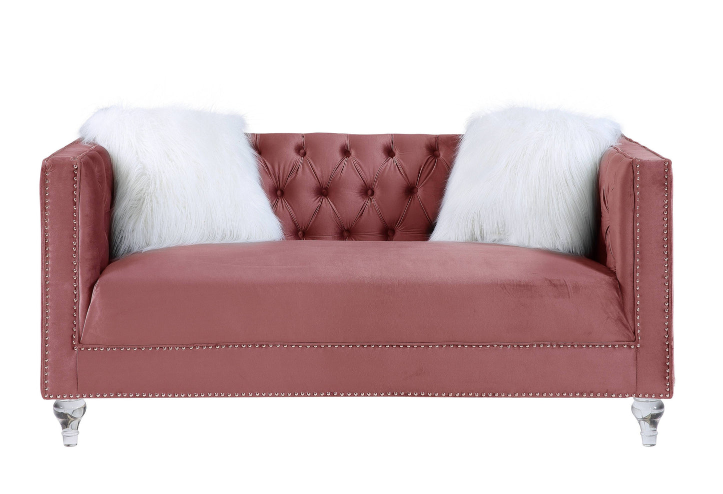 65" Pink And Silver Velvet Loveseat and Toss Pillows