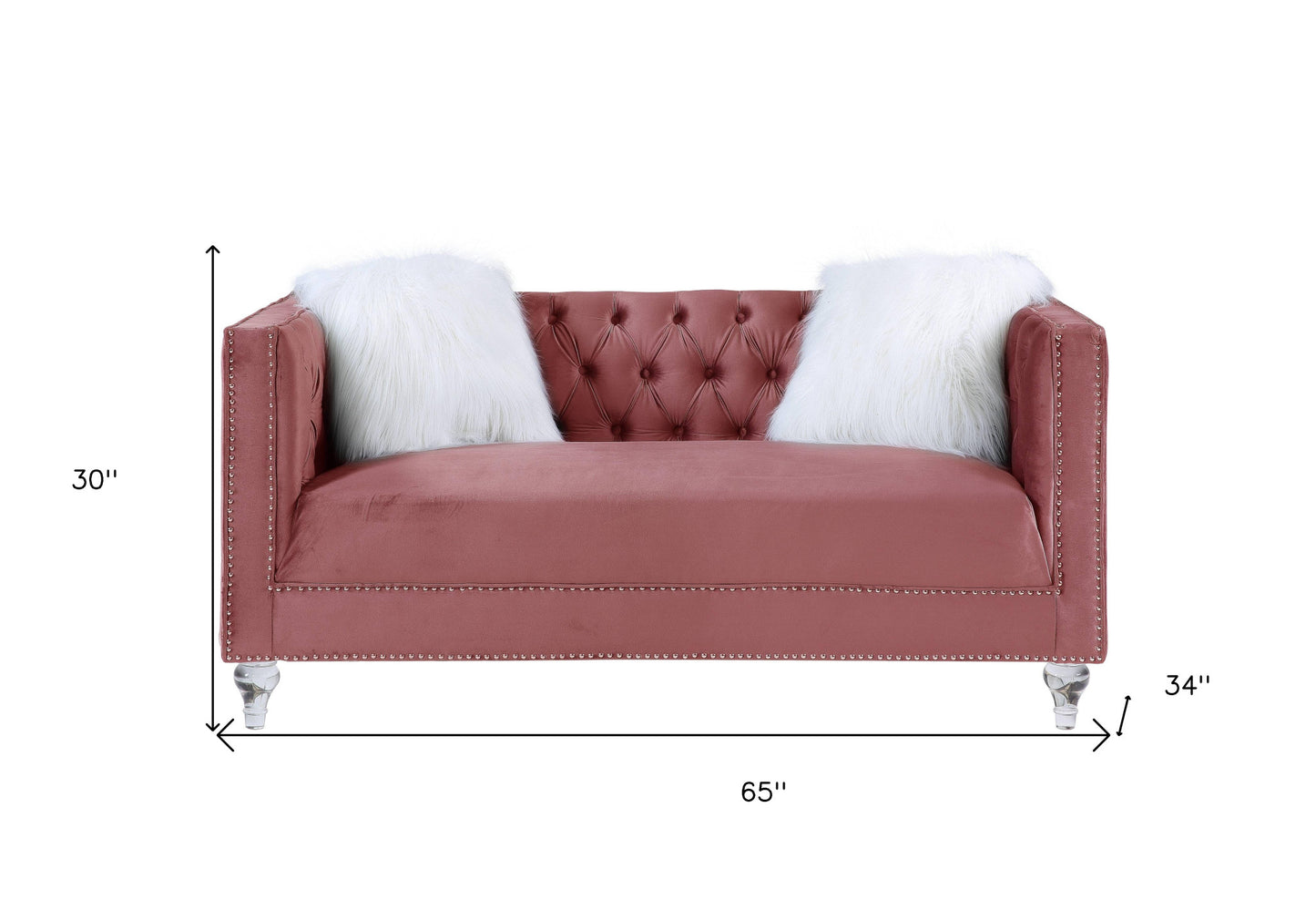 65" Pink And Silver Velvet Loveseat and Toss Pillows