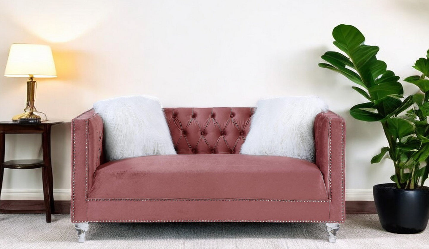 65" Pink And Silver Velvet Loveseat and Toss Pillows