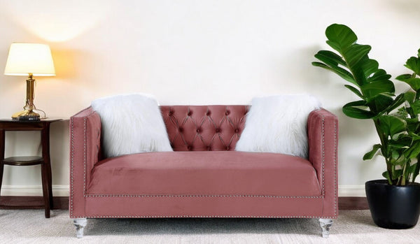 65 Pink And Silver Velvet Loveseat and Toss Pillows