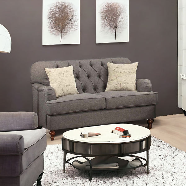 61 Dark Gray And Brown Linen Curved Loveseat and Toss Pillows