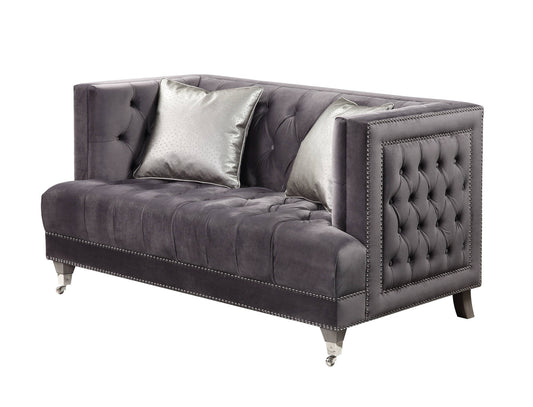 61" Gray And Silver Velvet Loveseat and Toss Pillows