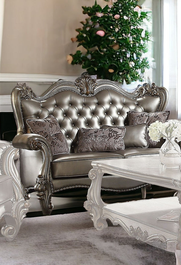 70 Silver And Platinum Faux Leather Loveseat and Toss Pillows