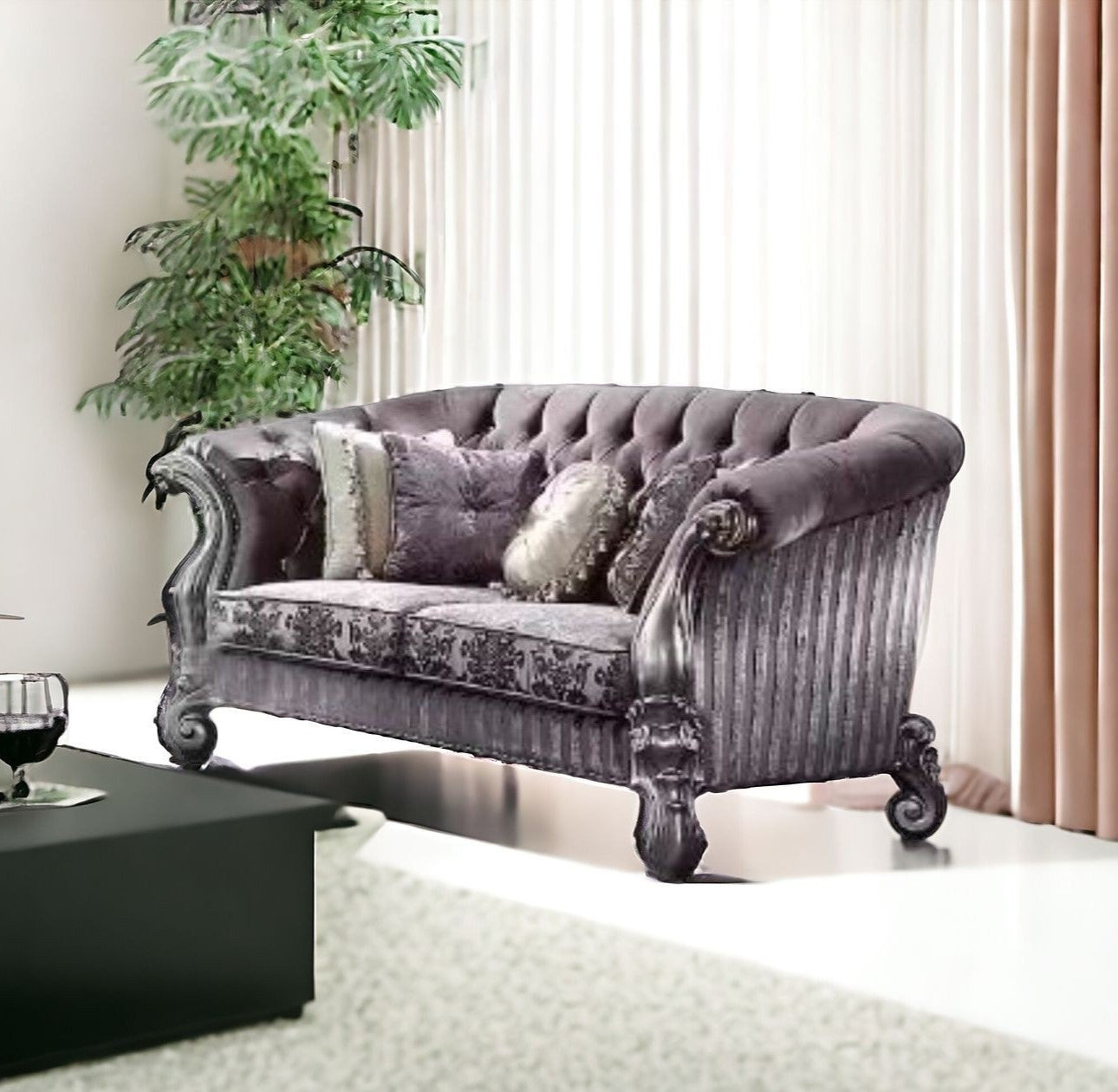 76" Purple And Platinum Velvet Loveseat and Toss Pillows