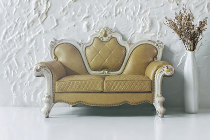 70" Golden Yellow And Pearl Faux Leather Loveseat and Toss Pillows