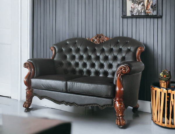 71 Black And Brown Faux Leather Loveseat and Toss Pillows