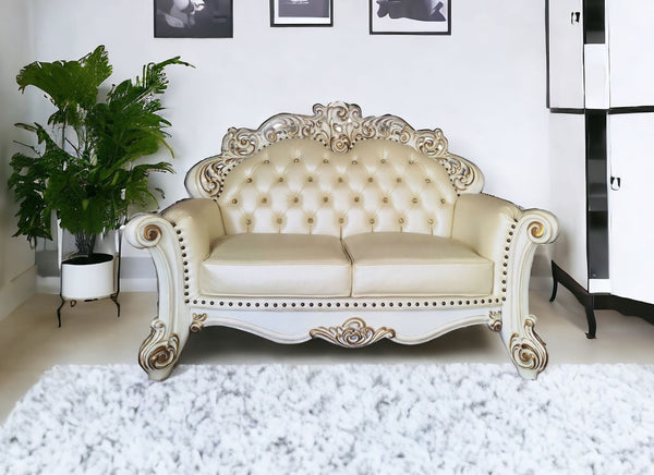 70 Champagne And Pearl Faux Leather Loveseat and Toss Pillows