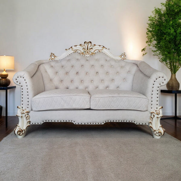 66 Two Tone Ivory And Pearl Velvet Loveseat and Toss Pillows