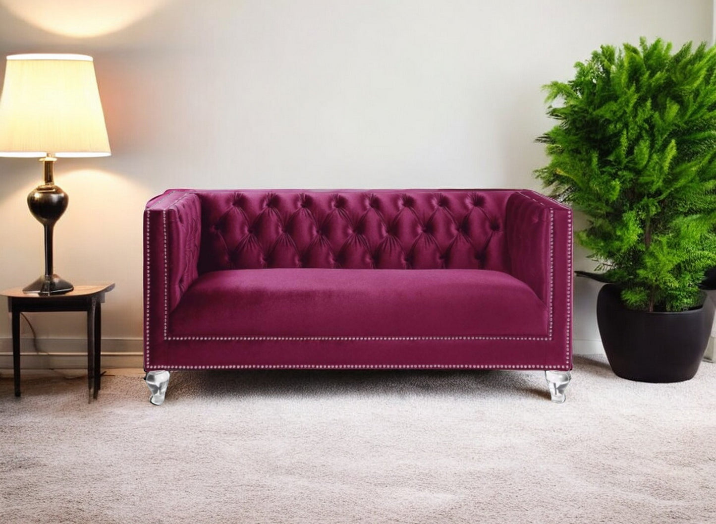 67" Burgundy Tufted Velvet Bling and Acrylic Love Seat