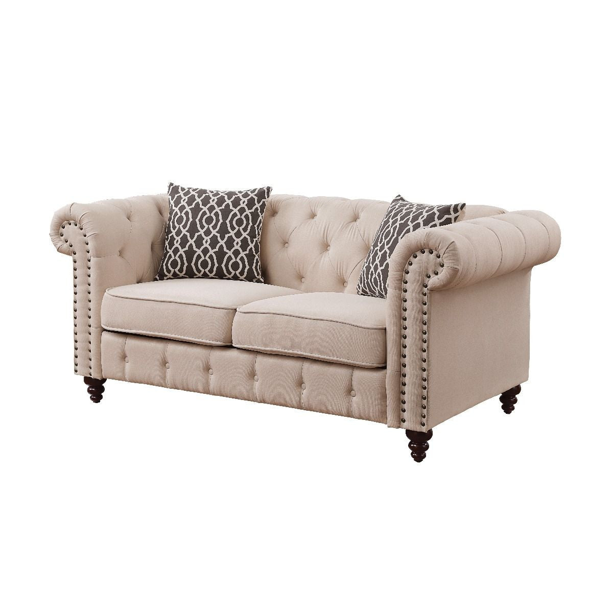 67" Beige And Dark Brown Linen Loveseat