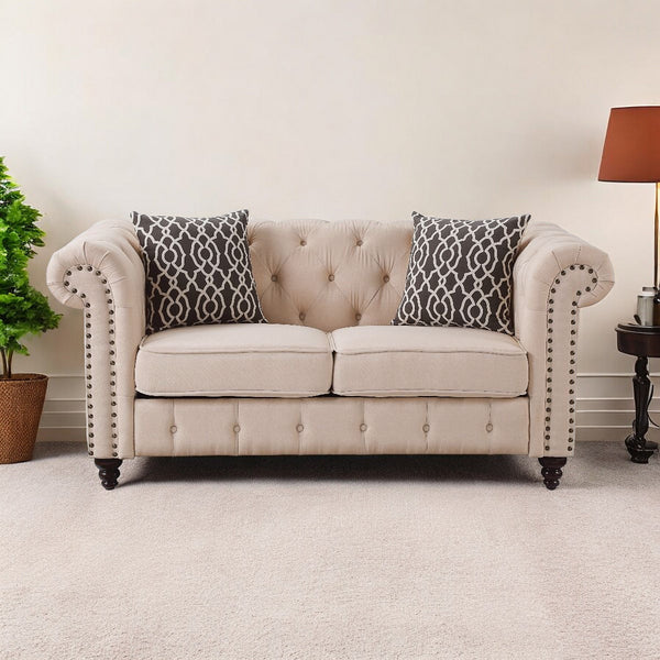 67 Beige And Dark Brown Linen Loveseat