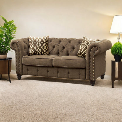 67" Brown And Dark Brown Linen Loveseat