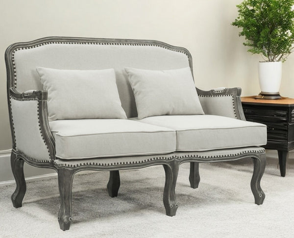 56 Cream And Gray Linen Loveseat and Toss Pillows