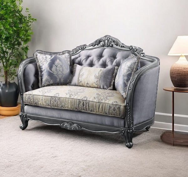 65 Gray And Platinum Silk Blend Loveseat and Toss Pillows