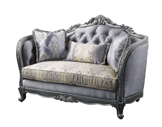 65" Gray And Platinum Silk Blend Loveseat and Toss Pillows