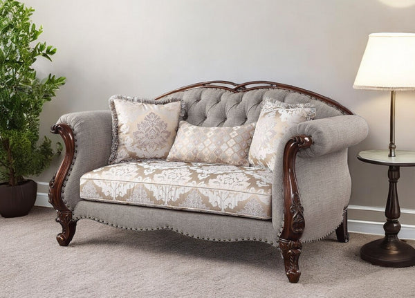 72 Beige And Dark Brown Linen Loveseat and Toss Pillows