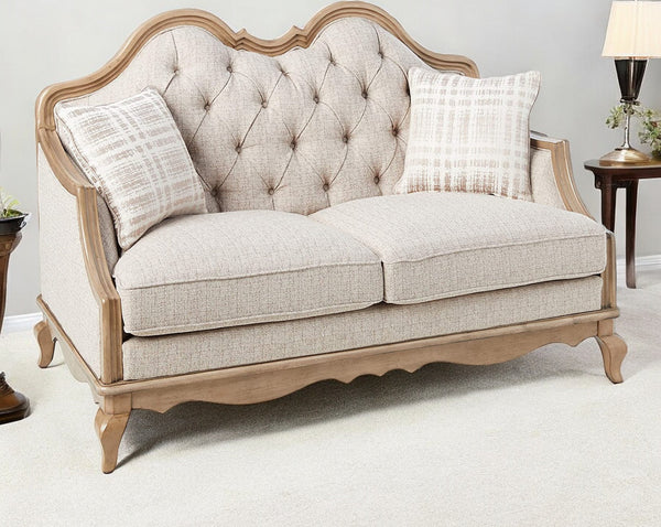 62 Beige And Brown Linen Loveseat and Toss Pillows