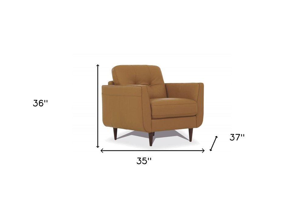 35" Camel and Black Genuine Leather Tufted Arm Chair