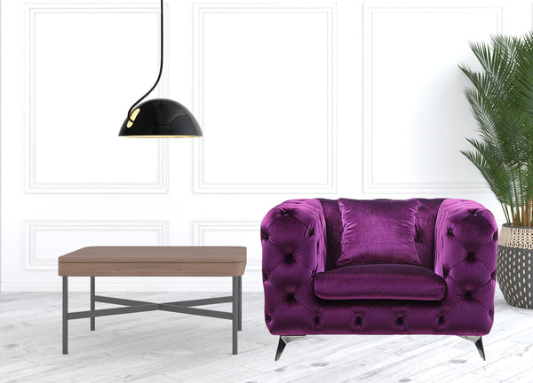 41 Purple Fabric And Black Tufted Arm Chair