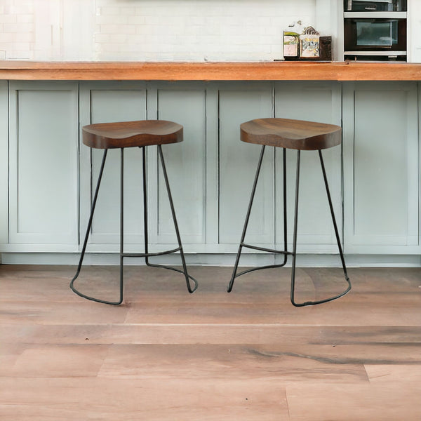 Set of Two 25 Chestnut And Black Steel Backless Counter Height Bar Chairs