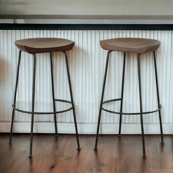 Set of Two 31 Chestnut And Black Steel Backless Bar Height Bar Chairs