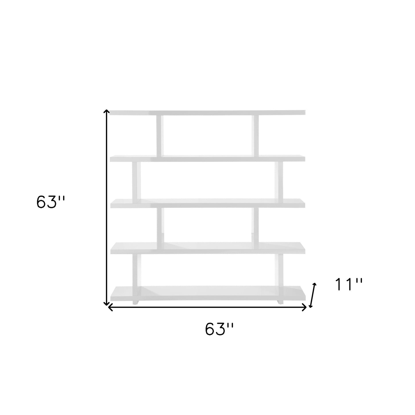 63" White Wood Five Tier Open Asymmetrical Bookcase