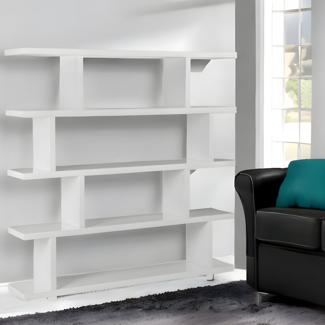 63" White Wood Five Tier Open Asymmetrical Bookcase