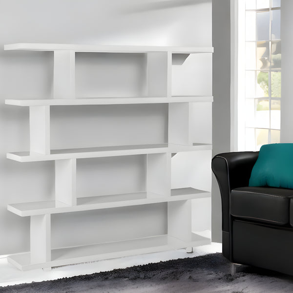 63 White Wood Five Tier Open Asymmetrical Bookcase