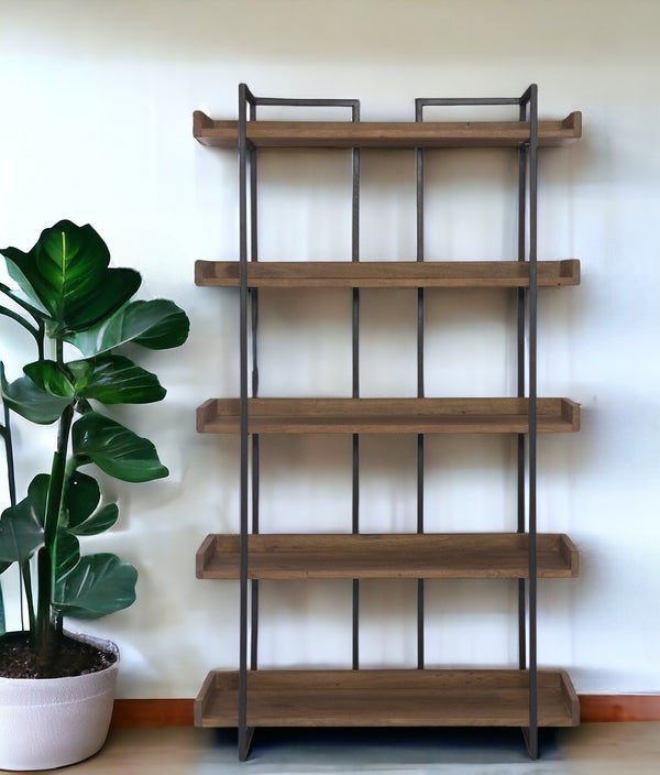 75 Brown and Black Metal and Wood Five Tier Bookcase