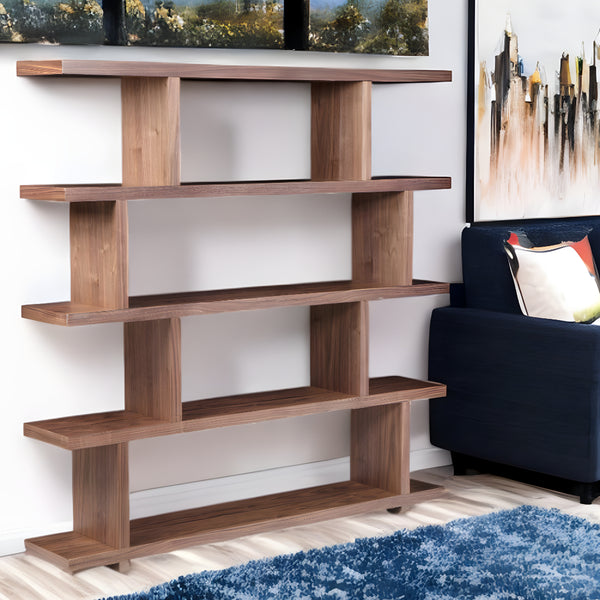 63 Natural and Brown Wood Five Tier Bookcase