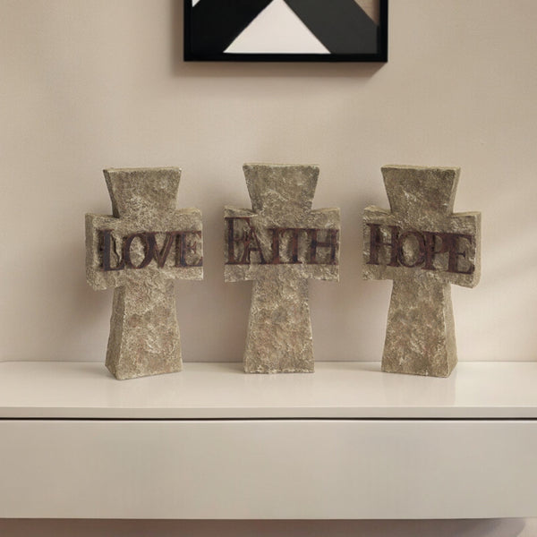 Set Of Three 11 Gray Resin Cross Figurine