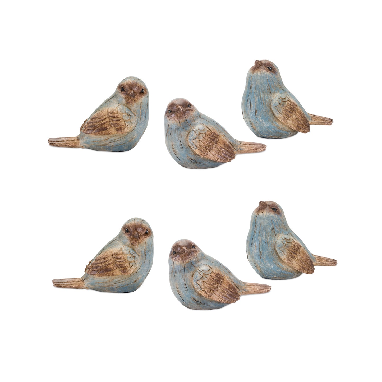 Set Of Six 3" Blue and Brown Polyresin Bird Bird Figurine