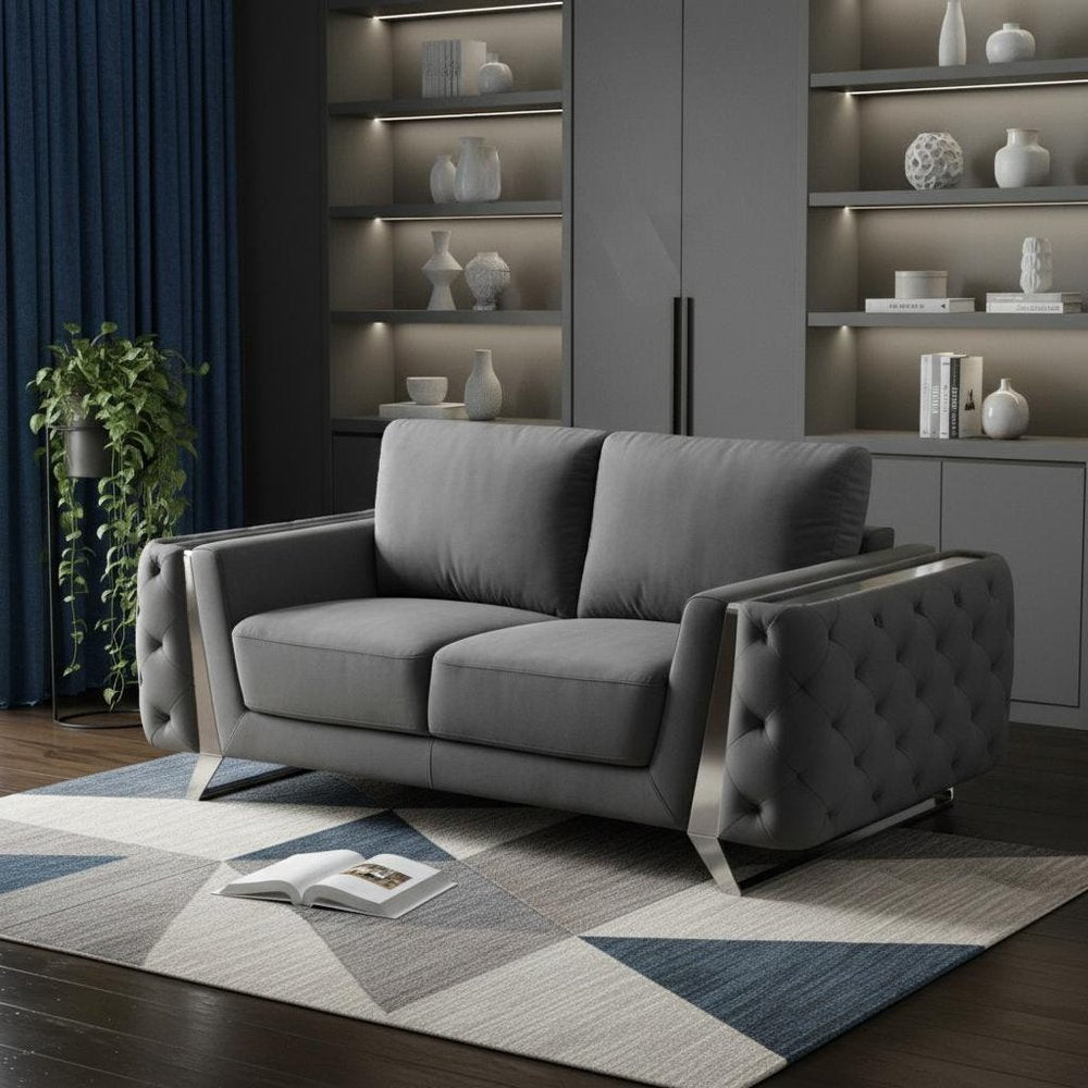 72" Dark Gray And Silver Velvet Loveseat
