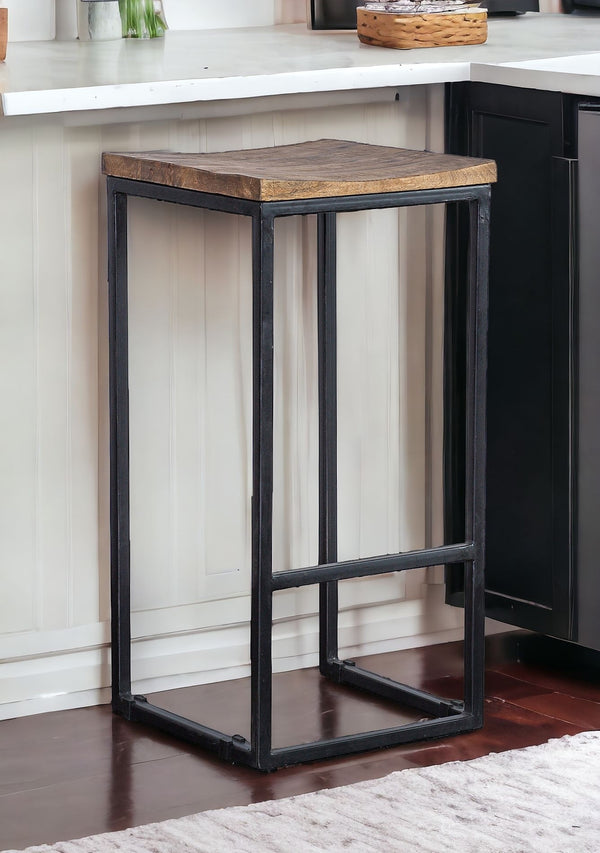  Wood Brown And Black Iron Backless Counter Height Bar Chair