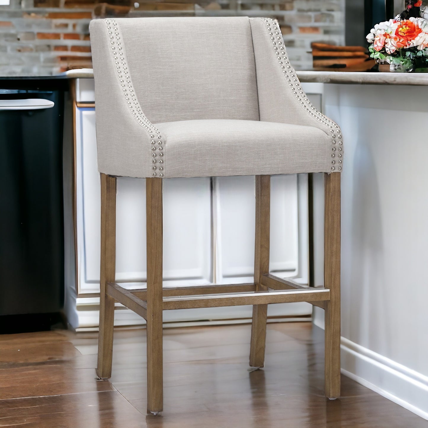 " Taupe Solid Wood Low Back Counter Height Bar Chair