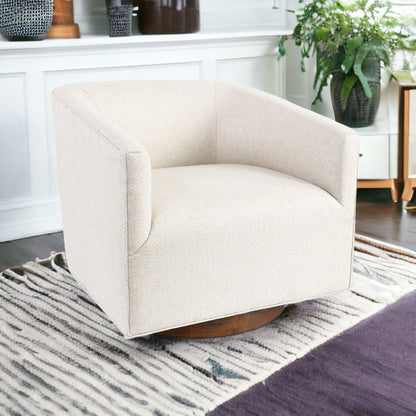 30" Beige and Wood Brown Polyester Chevron Swivel Barrel Chair