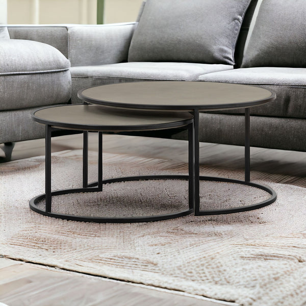 Set of Two 32 Gray And Black Concrete And Metal Round Nested Coffee Tables