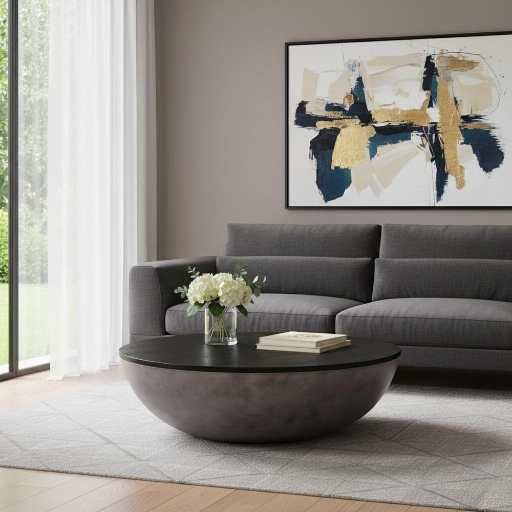 48" Black And Gray Solid Wood And Concrete Round Coffee Table