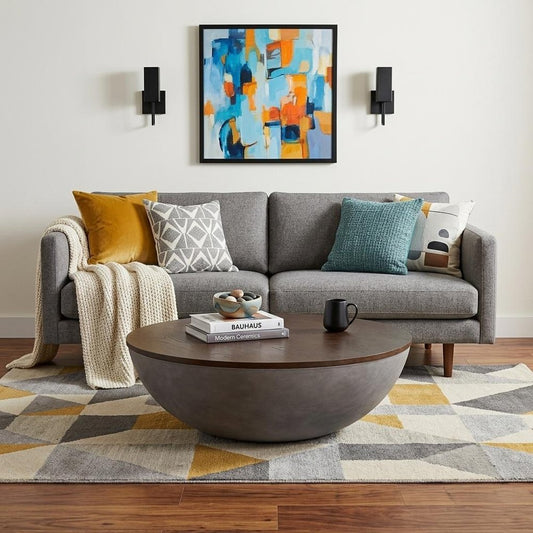 48" Brown And Gray Solid Wood And Concrete Round Coffee Table