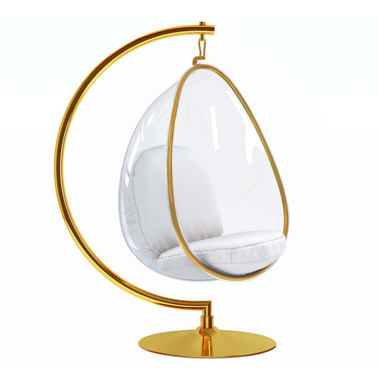 28" White And Gold Acrylic and Faux Leather Balloon Chair