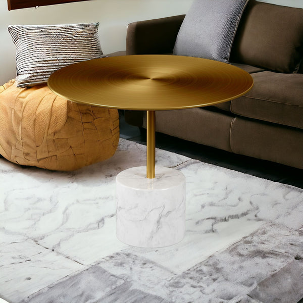 17 Gold And White Steel And Stone Round Coffee Table